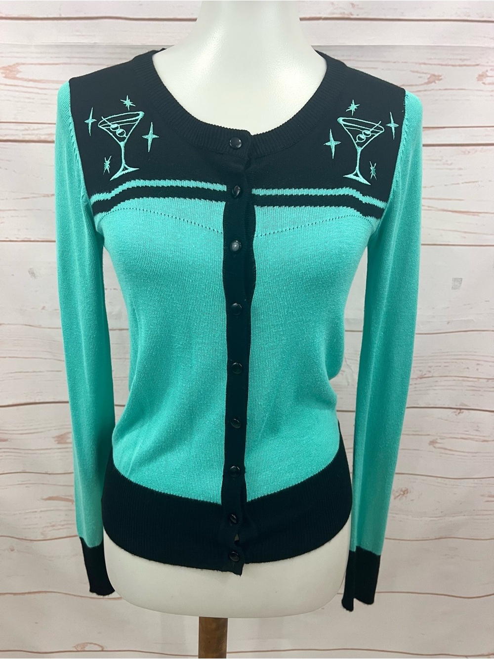 Voodoo Vixen Modcloth Teal Retro Atomic Starburst Martini Cardigan Sweater Pinup